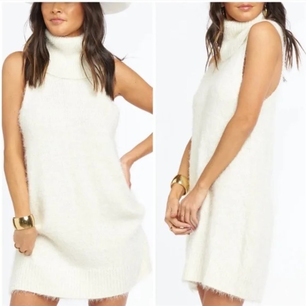 NWT Show Me Your Mumu Cowl Neck Fuzzy Sweater Mini Dress - Ivory Size Small